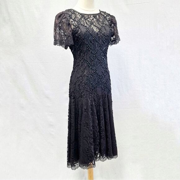 Vintage 80s Black Sequin & Illusion Lace Goth Party Dress Drop Waist size 6 - Picture 2 of 15